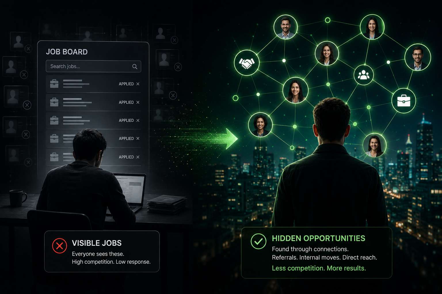 Network of glowing green nodes representing the hidden job market